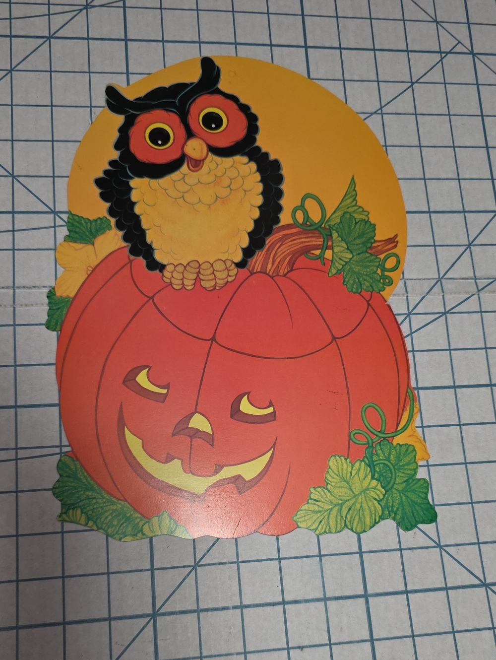 Halloween Owl on Pumpkin Party Die-Cut Decoration, Vtg, 2 Sided, 9.5" Wx13"T